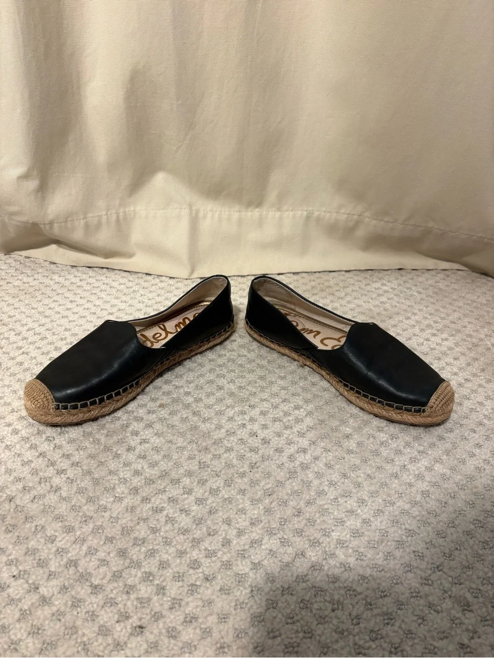 Sam Edelman Black Leather Espadrille Slip-Ons with Braided Tan Toe